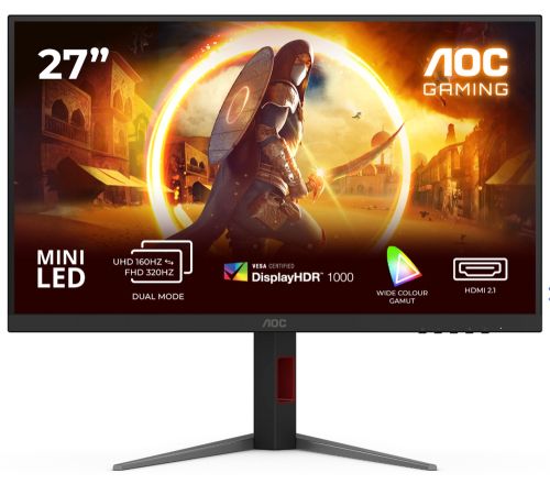 Монитор AOC U27G4XM, 27" Fast IPS MiniLED, 3840x2160@160Hz, 1ms GtG, 1200cd/m2, 1000:1, 80M:1 DCR, Adaptive Sync, FlickerFree, Low Blue Mode, Tilt, Height Adjust, Pivot, Swivel, HDMI, DP, USB hub