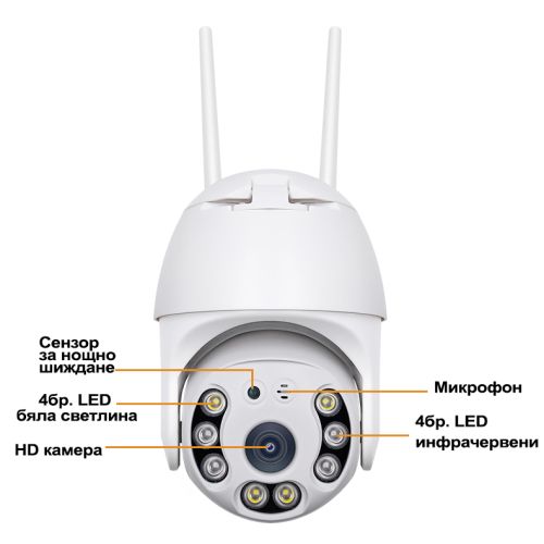 WiFi PTZ камера Cobra A0012, 5MP, 360° въртяща, IP66, двупосочно аудио, iCSee, microSD 8-128GB