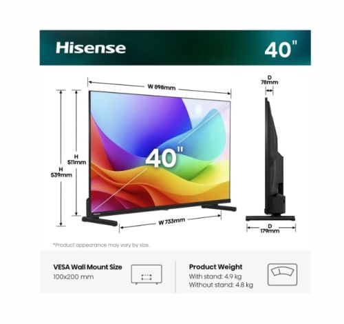 Телевизор Hisense 40" A5S, Full HD 1920x1080, QLED, Quantum Dot, HDR, HLG, DTS HD, Light Sensor, Dolby Audio, Smart TV, WiFi, WiFi Direct, 2xHDMI, 2xUSB, LAN, CI+, DVB-T2/C/S2, Black