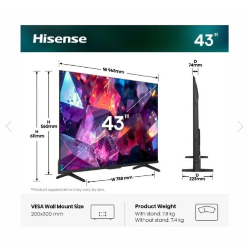 Телевизор Hisense 43" E7S Pro, 4K Ultra HD 3840x2160, QLED, Quantum Dot, 144Hz, HDR 10+ adaptive, HLG, Dolby Vision, DTS Virtual X, Smart TV, WiFi 5GHz, WiFi Direct, BT, Anyview Cast, 3xHDMI, 2xUSB, LAN, CI+, DVB-T2/C/S2, Black