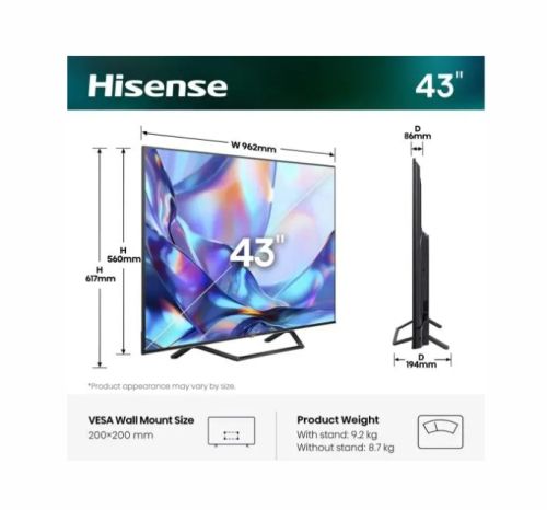 Телевизор Hisense 43" A7S, 4K Ultra HD 3840x2160, QLED, FALD, Quantum Dot, HDR 10+, HLG, Dolby Vision, Dolby Atmos, Smart TV, WiFi 5GHz, WiFi Direct, BT, Anyview Cast, 3xHDMI, 2xUSB, LAN, CI+, DVB-T2/C/S2, Black