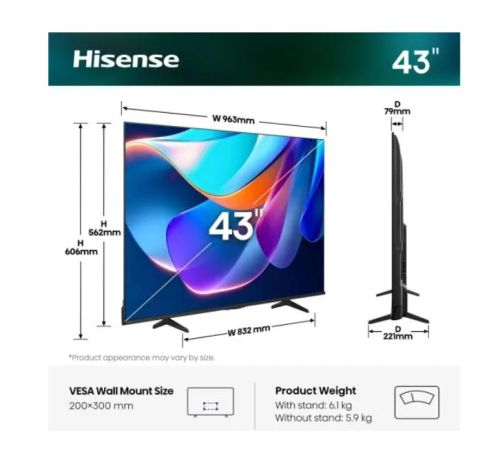 Телевизор Hisense 43" A6S, 4K Ultra HD 3840x2160, DLED, DFA, Precision Colour, HDR 10+, HLG, Dolby Vision,Light sensor, Smart TV, WiFi, BT, AnyView Cast, Gaming Mode, 1xHDMI2 eArc, 3xHDMI, 2xUSB, LAN, CI+, DVB-T2/C/S2, Black