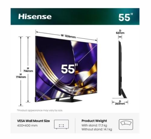 Телевизор Hisense 55"U7S Pro, 4K Ultra HD 3840x2160, ULED, FALD, Quantum Dot, 165Hz, IPS, HDR 10+, HLG, Dolby Vision IQ, Dolby Atmos, Smart TV, WiFi 5GHz, WiFi Direct, BT, Anyview Cast,light sensor,Solar Powered Remote, 4xHDMI, 2xUSB, LAN, CI+, DVB-T2/C/S