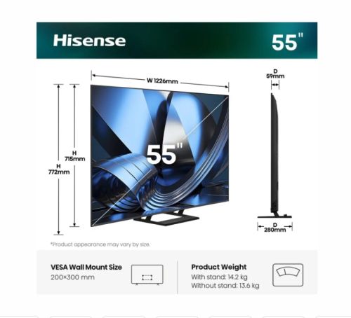 Телевизор Hisense 55" U7SE, 4K Ultra HD 3840x2160, ULED, FALD, Quantum Dot, 144Hz, IPS, HDR 10+, HLG, Dolby Vision IQ, Dolby Atmos, Smart TV, WiFi 5GHz, WiFi Direct, BT, Anyview Cast, 4xHDMI, 2xUSB, LAN, CI+, DVB-T2/C/S2, Black