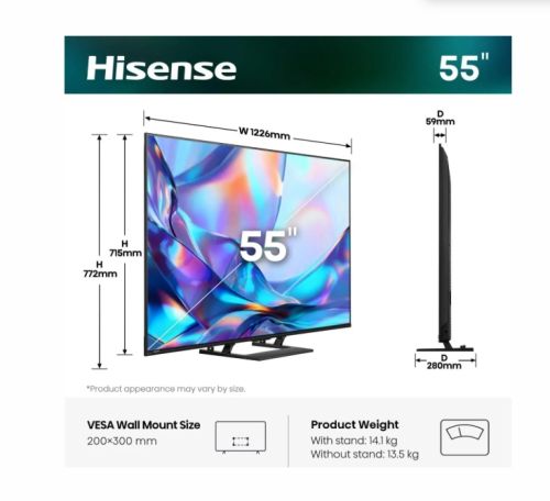 Телевизор Hisense 55"A7S, 4K Ultra HD 3840x2160, Quantum Dot, Light Sensor,HDR 10+, HLG, Dolby Vision, Dolby Atmos, Smart TV, Voice Control,2x10 W + 20 W ,WiFi 5GHz, WiFi Direct, BT, Anyview Cast, 3xHDMI, 2xUSB, LAN, DVB-T2/C/S2, Black