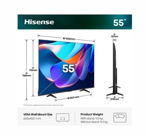 Телевизор Hisense 55" A6S, 4K Ultra HD 3840x2160, DLED, DFA, Precision Colour, HDR 10+, HLG, Dolby Vision,Light sensor, Smart TV, WiFi, BT, AnyView Cast, Gaming Mode, 1xHDMI2 eArc, 3xHDMI, 2xUSB, LAN, CI+, DVB-T2/C/S2, Black