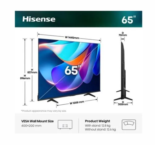 Телевизор Hisense 65" A6S, 4K Ultra HD 3840x2160, DLED, DFA, Precision Colour, HDR 10+, HLG, Dolby Vision, DTS Virtual X, Smart TV, WiFi, BT, Light Sensor, Gaming Mode, 1xHDMI2 eArc, 3xHDMI, 2xUSB, LAN, CI+, DVB-T2/C/S2, Black