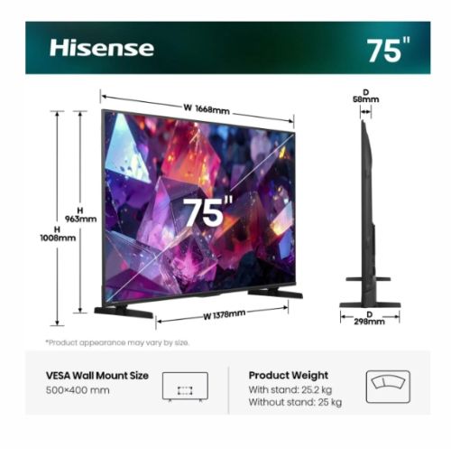 Телевизор Hisense 75" E7S Pro, 4K Ultra HD 3840x2160, QLED, Quantum Dot, 144Hz, HDR 10+ adaptive, HLG, Dolby Vision, Hi-Concerto,Dolby Vision Atmos, Smart TV, WiFi 5GHz, WiFi Direct,Light Sensor, BT, Anyview Cast, 4xHDMI, 2xUSB, LAN, CI+, DVB-T2/C/S2, Bla