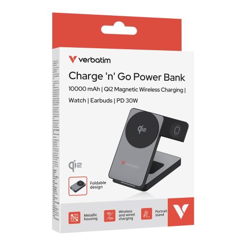 Външна батерия Verbatim Foldable 3-in-1 Qi2 Magnetic Wireless Power Bank 10000 mAh Grey