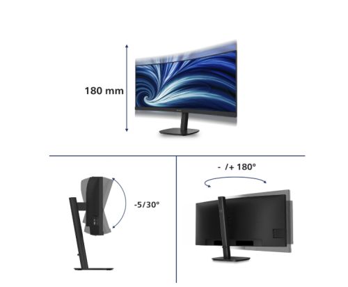 Монитор Philips 34B2N3500C, 34" Curved 1500R, VA, WLED, 3440x1440@120Hz, 4ms GtG, 350cd m/2, 3500:1, 50M:1 DCR, Adaptive Sync, FlickerFree, SoftBlue, 5Wx2, Tilt, Height Adjust, Swivel, 2xHDMI, DP, USB hub