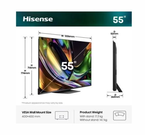 Телевизор Hisense 55" UR8S, 4K Ultra HD 3840x2160, RGB Mini Led , DLED, Quantum Dot, 180Hz, IPS, HDR 10+, HLG, Dolby Vision IQ, Dolby Atmos, Smart TV,Light Sensor,WiFi 6eGHz, WiFi Direct, BT,2x10 W + 20 W + 2x5 W, Anyview Cast, 4xHDMI, 2xUSB, LAN, CI+, DV