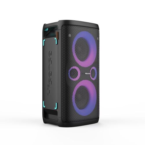 Аудио система Hisense Party Rocker One Plus (HP110) Bluetooth Speaker with 300W Power, Built-in Woofer, Karaoke Mode, Built-in Wireless Charging Pad, AUX Input and Output, USB, 15 Hour Long-Lasting Battery 4 x 2500Ah, 2x mics included, Black
