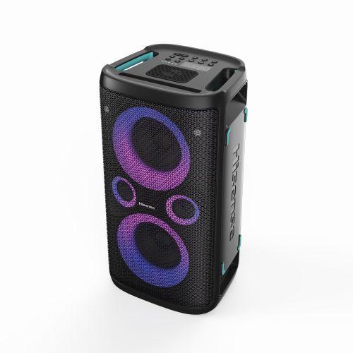 Аудио система Hisense Party Rocker One Plus (HP110) Bluetooth Speaker with 300W Power, Built-in Woofer, Karaoke Mode, Built-in Wireless Charging Pad, AUX Input and Output, USB, 15 Hour Long-Lasting Battery 4 x 2500Ah, 2x mics included, Black