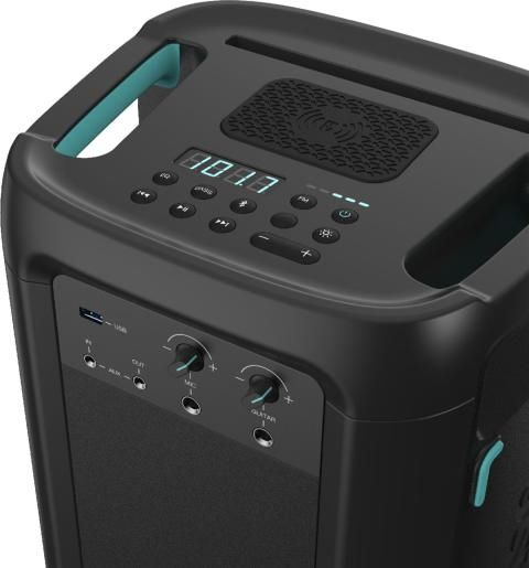 Аудио система Hisense Party Rocker One Plus (HP110) Bluetooth Speaker with 300W Power, Built-in Woofer, Karaoke Mode, Built-in Wireless Charging Pad, AUX Input and Output, USB, 15 Hour Long-Lasting Battery 4 x 2500Ah, 2x mics included, Black
