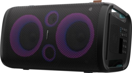 Аудио система Hisense Party Rocker One Plus (HP110) Bluetooth Speaker with 300W Power, Built-in Woofer, Karaoke Mode, Built-in Wireless Charging Pad, AUX Input and Output, USB, 15 Hour Long-Lasting Battery 4 x 2500Ah, 2x mics included, Black