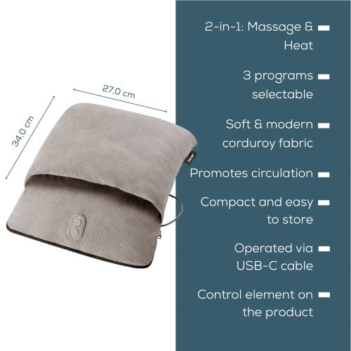 Масажор Beurer FM 28 Compact foot massager 2 in 1: Vibration massager and foot warmer; 3 programs; Operation via USB-C cable; up to size 43; auto switch-off after 20 min