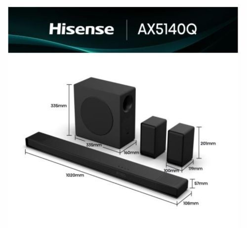 Аудио система Hisense AX5140Q,  5.1.4Ch Sound Bar with Wireless Subwoofer, 600W, Dolby Atmos, Bluetooth 5.3, 4K HDMI Pass Through, DTS:X, HDMI/AUX/ARC/Optical/USB, 7 EQ Modes, Black