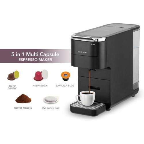 Мултикапсулна кафемашина Rohnson R-98055 – 20 bar, 1.5 L резервоар, 7 програми, Nespresso/Dolce Gusto/Lavazza Blue/ESE/мляно кафе