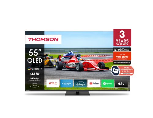 Телевизор Thomson Smart QLED Pro TV 55"; Google TV; 3840 x 2160 (4K UHD), DLED, 144 Hz, DVB-T/T2/C/S/S2, HDR10, Wi-Fi, Bluetooth, LAN, HDMI 4 (2.1), USB 2 (2.0) + 1 (3.0), Central Swivel Stand, Black