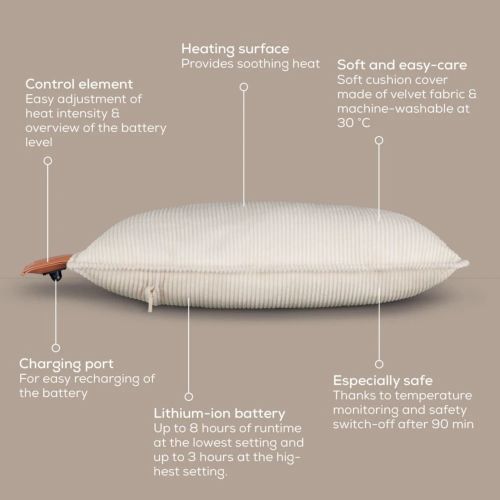 Термоподложка Beurer HK 77 Heaty cashmere-creme; lithium-ion battery; Soft velvet cushion cover machine-washable at 30°C; 3 temperature settings; Fast heating; BSS; 45(L)x45(W) cm