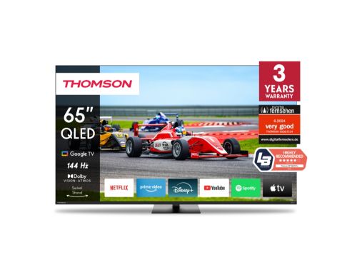 Телевизор Thomson Smart QLED Pro TV 65"; Google TV; 3840 x 2160 (4K UHD), DLED, 144 Hz, DVB-T/T2/C/S/S2, HDR10, Wi-Fi, Bluetooth, LAN, HDMI 4 (2.1), USB 2 (2.0) + 1 (3.0), Central Swivel Stand, Black