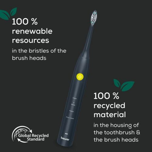 Електрическа четка за зъби Beurer SC 30 Jet Black, Electric Sonic Toothbrush, up to 80,000 mov/min, 4 cleaning programs: Clean, White, Polish, Gum Care, Int. 2-min. timer, Incl. 2 toothbrush heads and USB-C charging cable, 15 days of battery life