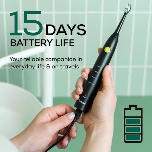 Електрическа четка за зъби Beurer SC 30 Jet Black, Electric Sonic Toothbrush, up to 80,000 mov/min, 4 cleaning programs: Clean, White, Polish, Gum Care, Int. 2-min. timer, Incl. 2 toothbrush heads and USB-C charging cable, 15 days of battery life