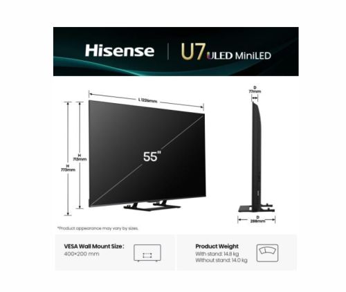 Телевизор Hisense 55" U7Q, 4K Ultra HD 3840x2160, ULED, FALD, Quantum Dot, 144Hz, IPS, HDR 10+, HLG, Dolby Vision IQ, Dolby Atmos, Smart TV, WiFi 5GHz, WiFi Direct, BT, Anyview Cast, 4xHDMI, 2xUSB, LAN, CI+, DVB-T2/C/S2, Black