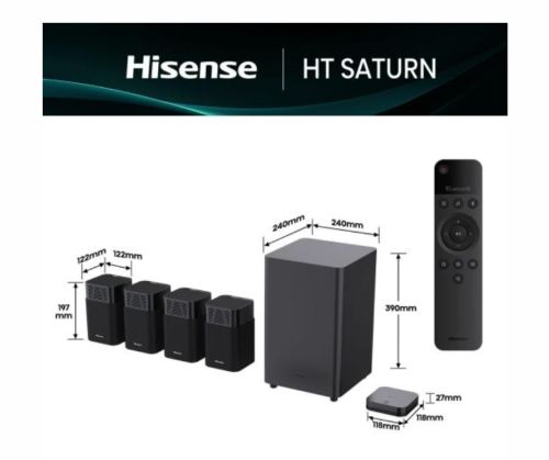 Аудио система Hisense HT Saturn, 4.1.2Ch Sound Bar with Wireless Subwoofer, 720W, Dolby Atmos, Tuned by Devialet , DTS:X,Quad Satellite Speakers , Black