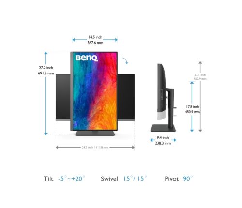 Монитор BenQ PD2706U, 27" IPS LED, 5ms, 3840x2160 4K UHD, Designer, AQCOLOR, 95% P3, 99% Rec.709, 99% sRGB, HDR10, B.I., KVM, ICCsync, CAD/CAM, DualView, 1200:1, 350 cd/m2, HDMI, DP, USB Type-C(65W, DP alt), Speak.2x2.5W, Height Adj.,Swivel,Tilt, Gray, 5.