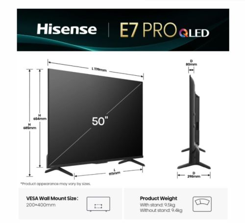 Телевизор Hisense 50" E7Q Pro, 4K Ultra HD 3840x2160, QLED, Quantum Dot, 144Hz, HDR 10+ adaptive, HLG, Dolby Vision, DTS Virtual X, Smart TV, WiFi 5GHz, WiFi Direct, BT, Anyview Cast, 3xHDMI, 2xUSB, LAN, CI+, DVB-T2/C/S2, Black