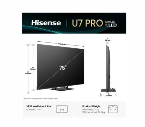 Телевизор Hisense 75"U7Q Pro, 4K Ultra HD 3840x2160, ULED, FALD, Quantum Dot, 165Hz, IPS, HDR 10+, HLG, Dolby Vision IQ, Dolby Atmos, Smart TV, WiFi 5GHz, WiFi Direct, BT, Anyview Cast,light sensor,Solar Powered Remote, 4xHDMI, 2xUSB, LAN, CI+, DVB-T2/C/S
