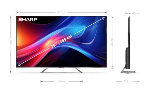 Телевизор Sharp 75GP7265E, 75" QLED Google TV, 4K Ultra HD 3840x2160 Frameless, AQUOS, DVB-T/T2/C/S/S2, Active Motion 1200, HDR10, Dolby Atmos, Dolby Vision, Google Assistant, HARMAN/KARDON, Chromecast Built-in, HDMI 2.1 with eARC, Aluminium finish, USB, 