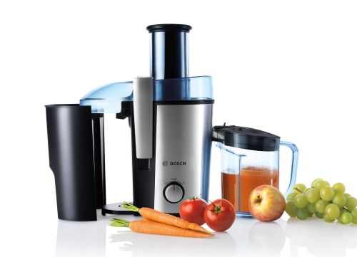 Сокоизстисквачка Bosch MES3500, Centrifugal juicer 700 W, 2 speeds, 2 lt pulp container, 1.25 ltr juice container & foam separator, XL feeding tube (73 mm), ceramic knife, s/s sieve, s/s body, die-cast aluminum clamps, juice outlet with drip-stop and made