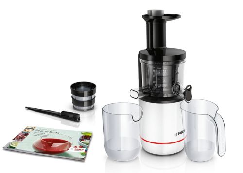Сокоизстисквачка Bosch MESM500W, Slow juicer VitaExtract 150 W, 55 rpm, 1 speed + reverse function, tritan screw, MixControl lever, juice container 1 l, pulp container 1,3l, 2 filters (fine, coarse), white / black