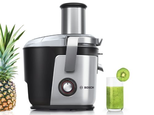 Сокоизстисквачка Bosch MES4010, Centrifugal juicer 1200 W, 3 speeds, 3 lt pulp container, 1.5 ltr juice container & foam separator, XXL feeding tube (84 mm), ceramic knife, electropolished stainless steel sieve, die-cast aluminum body and clamps, juice ou