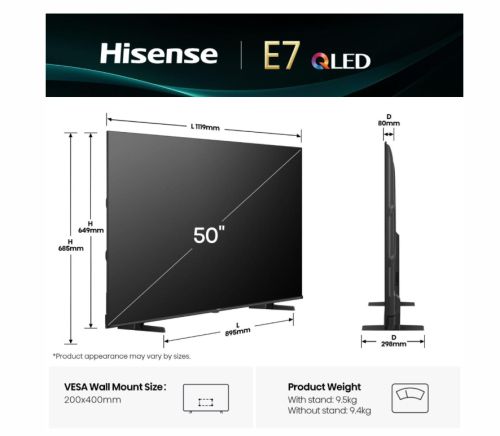 Телевизор Hisense 50" E7Q, 4K Ultra HD 3840x2160, QLED, Quantum Dot, HDR 10+, HLG, Dolby Vision, DTS Virtual X, Smart TV, WiFi, Light Sensor, BT, Anyview Cast, 3xHDMI, 2xUSB, LAN, CI+, DVB-T2/C/S2, Black