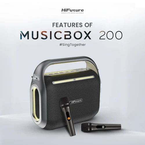 Тонколони HiFuture MusicBox200 Black, 100W Output, Karaoke Enable, Two Wireless Microphone, 12000mAh Battery (Support Power Bank), RGB Lighting, Pair to Play (TWS Mode), Bluetooth 5.3