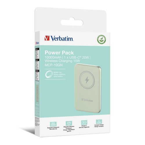 Външна батерия Verbatim MCP-10GN Power Pack 10000 mAh with UBS-C PD 20W / Magnetic Wireless Charging 15W Green