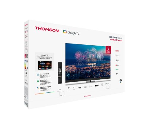 Телевизор Thomson Smart QLED Plus TV 65"; Google TV; 3840 x 2160 (4K UHD), QLED, 4000:1, 60 Hz, DVB-T/T2/C/S/S2, HDR10, Wi-Fi, Bluetooth, LAN, HDMI 2 (2.0) + 2 (2.1), USB 2 (2.0) + 1 (3.0),Built-in Front Speakers, Central Swivel Stand, Black