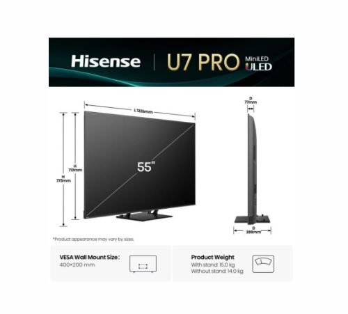 Телевизор Hisense 55"U7Q Pro, 4K Ultra HD 3840x2160, ULED, FALD, Quantum Dot, 165Hz, IPS, HDR 10+, HLG, Dolby Vision IQ, Dolby Atmos, Smart TV, WiFi 5GHz, WiFi Direct, BT, Anyview Cast,light sensor,Solar Powered Remote, 4xHDMI, 2xUSB, LAN, CI+, DVB-T2/C/S
