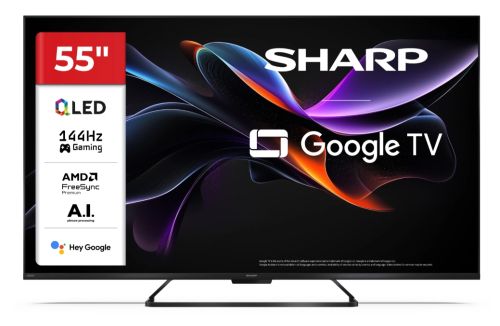 Телевизор Sharp 55HR7265E, 55" QLED  GOOGLE TV, 4K 144Hz Quantum Dot 3840x2160 Frameless, AQUOS AI, DVB-T/T2/C/S/S2, Active Motion 1400, HDR10, Dolby Atmos, Dolby Vision, DTS:X, Google Assistant, HDMI eARC, Mini Composite/CVBS + Audio input, USB, Wi-Fi, B