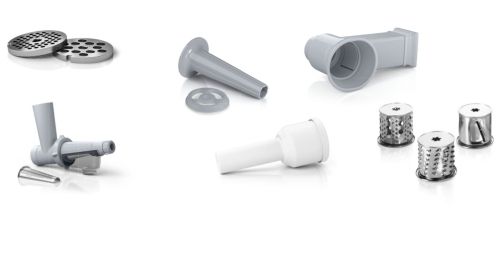 Месомелачка Bosch MFW2517W, Meat mincer, SmartPower Meat mincer from SmartPower range: 1500W, 1,7 kg/min, 2 sieves, 1 sausage horn, fruit press attachment, shredder with 3 barrels, no reverse, white