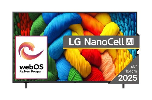 Телевизор LG 65NANO80A3B, 65" 4K HDR Smart Nano Cell TV, 3840x2160, DVB-T2/C/S2, AI Alpha 7, HDR 10 PRO, webOS 25, ThinQ AI, VRR, ALLM, HGiG, WiFi, Clear Voice, AI Upscaling, Bluetooth, Hdmi e-ARC , CI, LAN, AirPlay2, Chromecast, 2 Pole stand, Black
