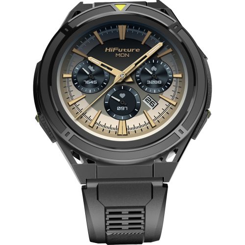 Часовник HiFuture Active Black Yellow, *1.43"  AMOLED, Dual Band GPS +Compass + Altimeter 466*466, Powered by Dual Core & Syntra AI, Bluetooth Call, 5ATM Waterproof, 24/7 True Heart Rate & Blood Oxygen Sensor, Up to 10 days daily use