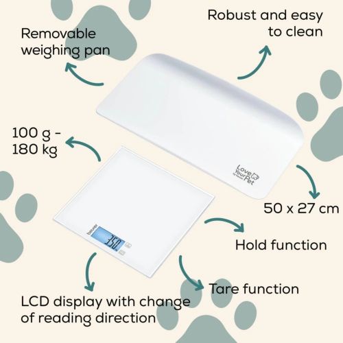 Везна Beurer PP 170 Polly Multifunctional pet scale;Detailed graduation (10 g to 5 kg, 50 g to 50 kg, 100 g to 180 kg);Easy-to-read LCD display