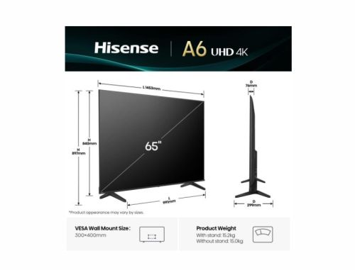 Телевизор Hisense 65" A6Q, 4K Ultra HD 3840x2160, DLED, DFA, Precision Colour, HDR 10+, HLG, Dolby Vision, DTS Virtual X, Smart TV, WiFi, BT, Light Sensor, Gaming Mode, 1xHDMI2 eArc, 3xHDMI, 2xUSB, LAN, CI+, DVB-T2/C/S2, Black