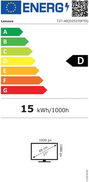 Монитор Lenovo ThinkVision T27-40 27" IPS, WLED, 1920x1080, 4ms, 48Hz - 120Hz, 300 cd/m2, 1500:1, HDMI, DP, VGA, USB hub, Tilt, Swivel, Pivot, Height Adjust Stand