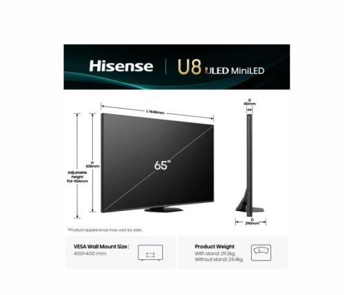 Телевизор Hisense 65" U8Q, 4K Ultra HD 3840x2160, Mini Led Pro, FALD, Quantum Dot, 165Hz, IPS, HDR 10+, HLG, Dolby Vision IQ, Dolby Atmos, Smart TV,Light Sensor,WiFi 5GHz, WiFi Direct, BT, Anyview Cast, 3xHDMI, 2xUSB, LAN, CI+, DVB-T2/C/S2, Black