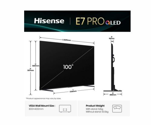 Телевизор Hisense, 100''  E7Q PRO,QLED Smart, FALD, 144Hz, 5000:1,Quantum Dot, Dolby vision ,Vidaa, ADS, Black